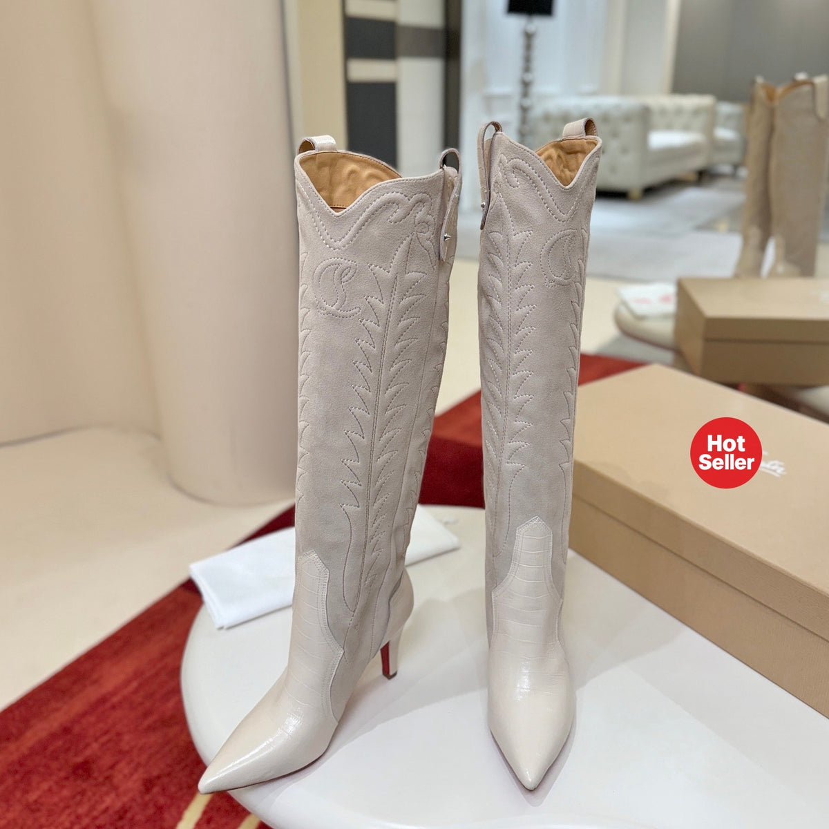 Hand-stitched denim tall boots with 8.5cm heels