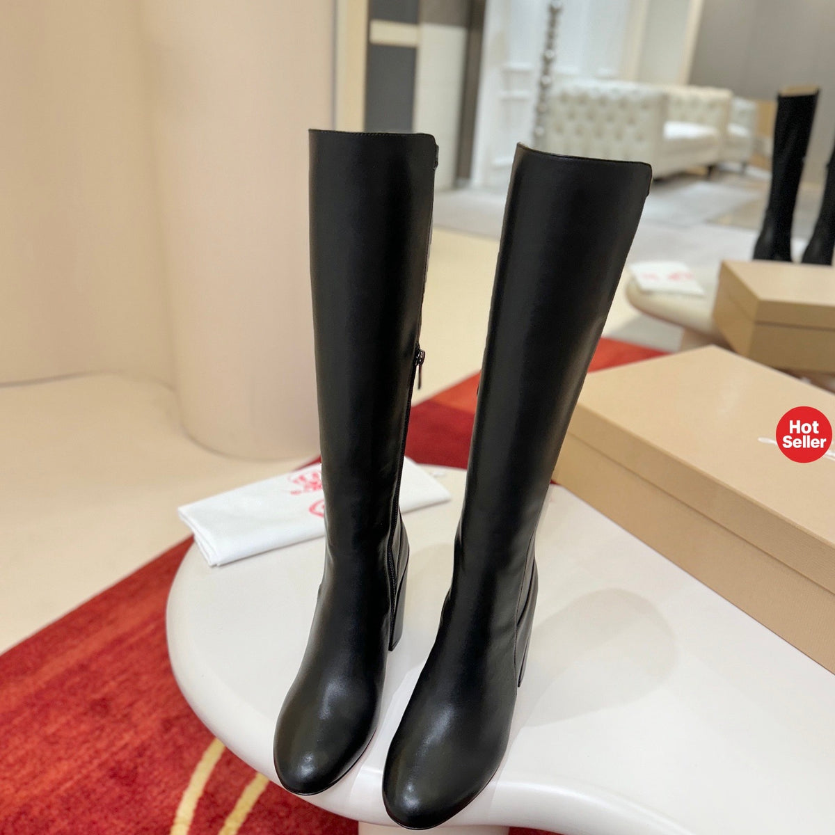 Premium black leather tall boots, 8.5cm heel.