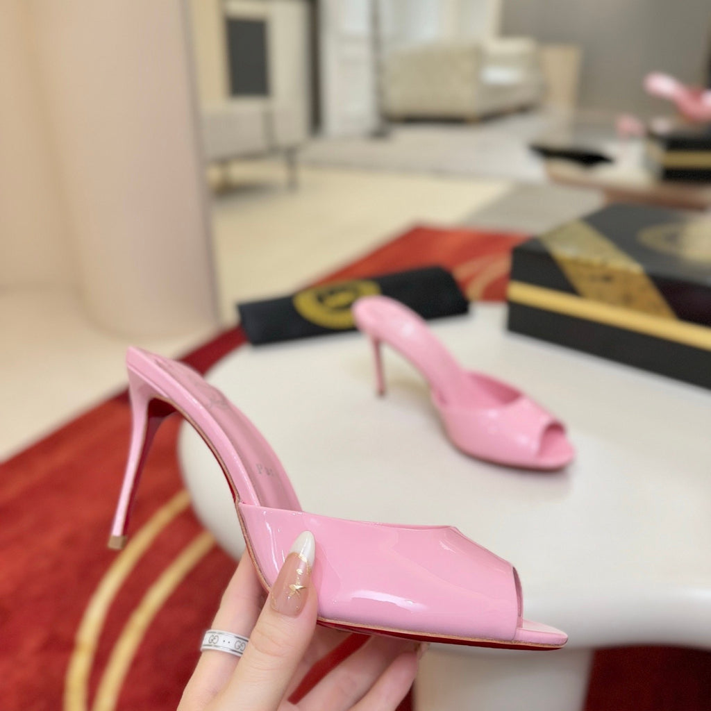 Pink patent leather peep-toe high-heeled mules, 10cm heel.