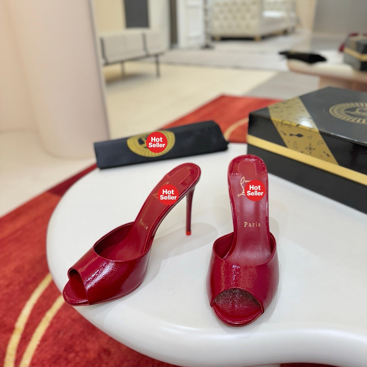 Red patent leather peep-toe high-heeled mules (10cm heel)