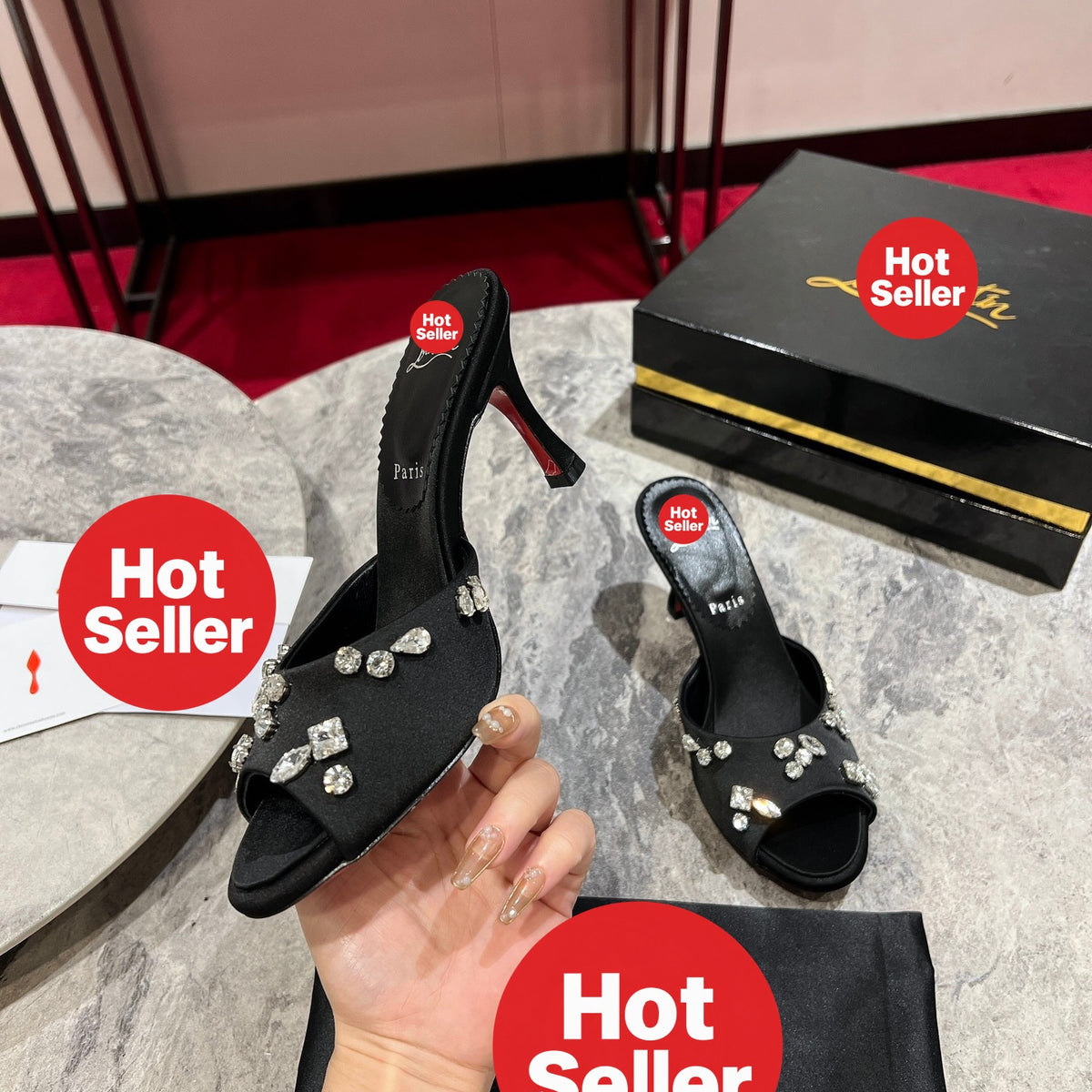 Crystal high-heeled mules, 8.5cm heel.