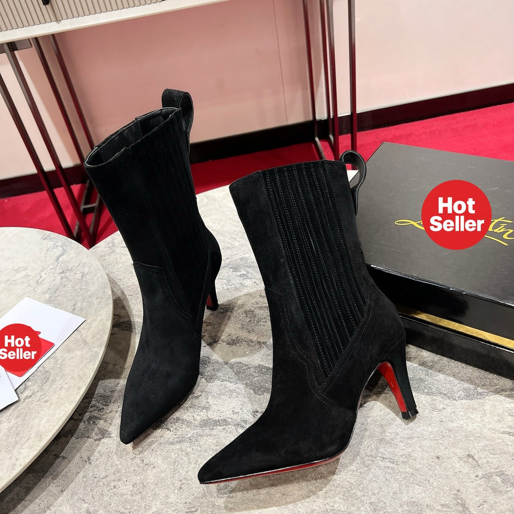 Black sheep suede mid-calf boots, 10cm heel.