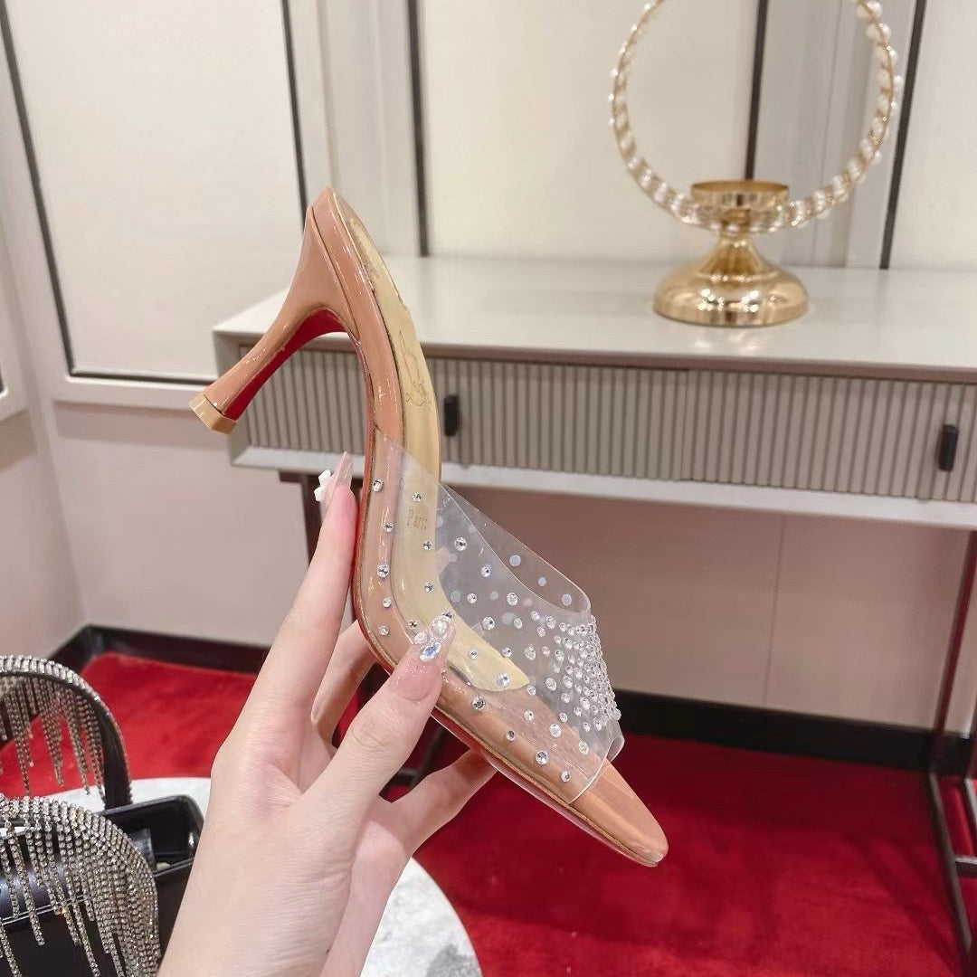 Clear-strap peep-toe high-heeled mules (8cm heel)