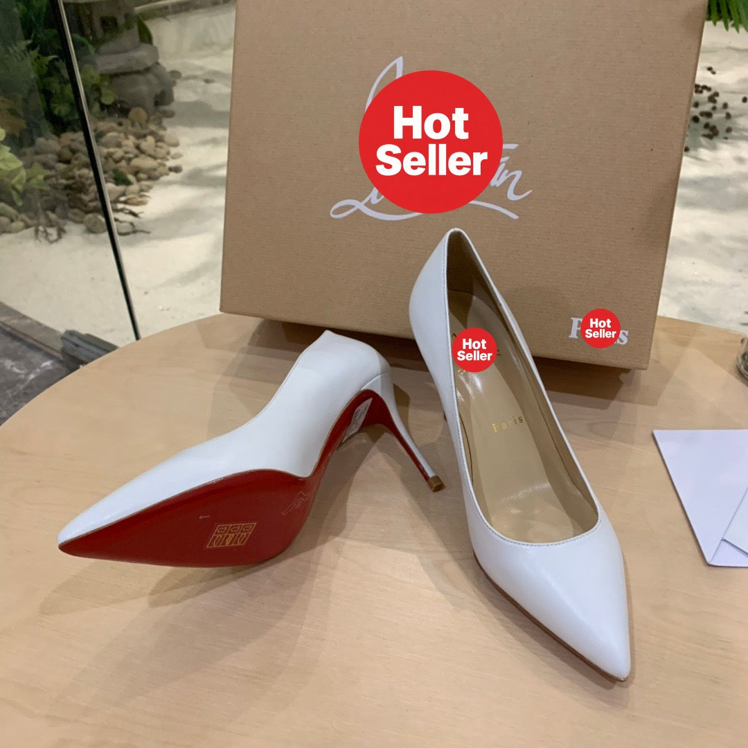 White cowhide high heels, 8.5cm heel.
