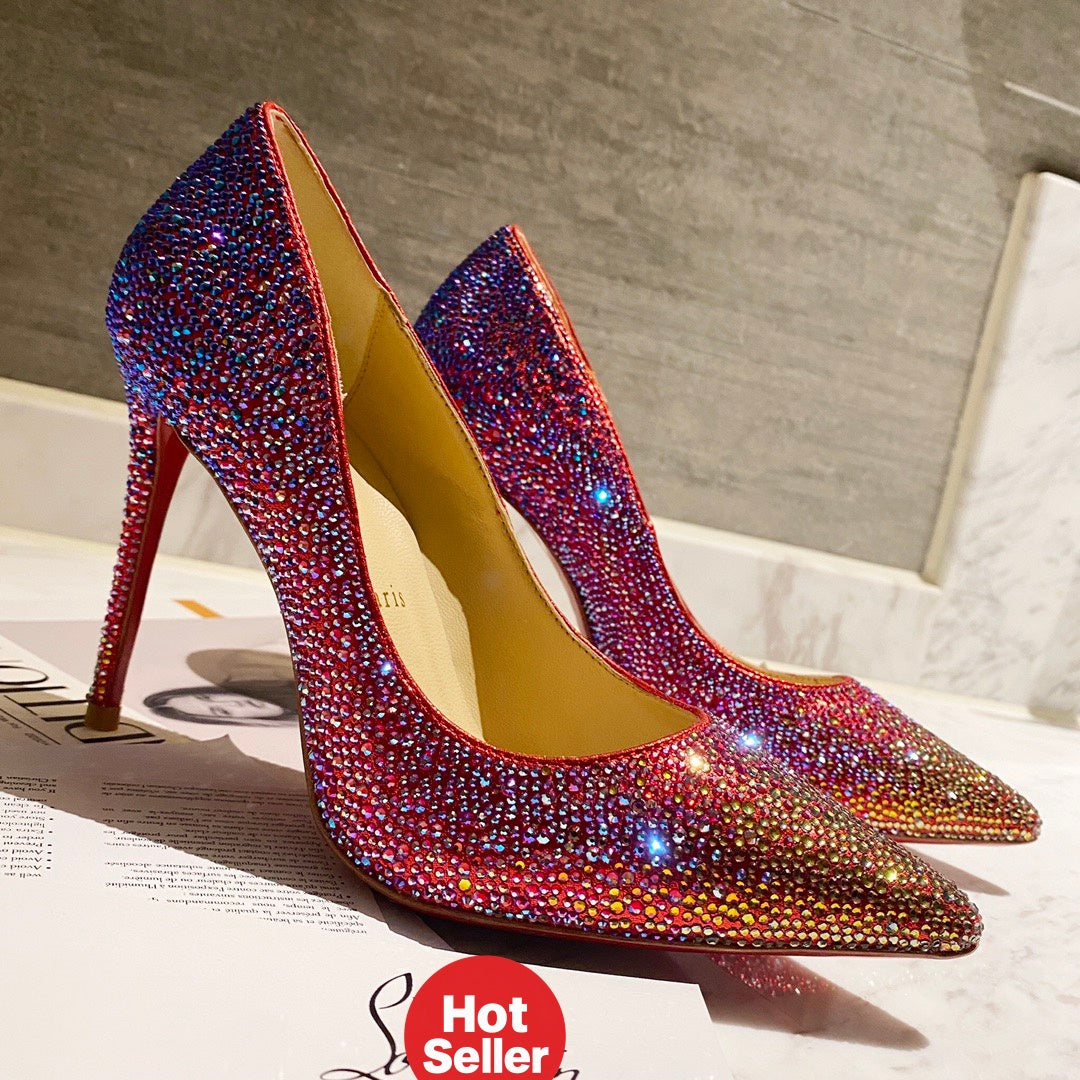 Red fully embellished high heels, 10cm heel.