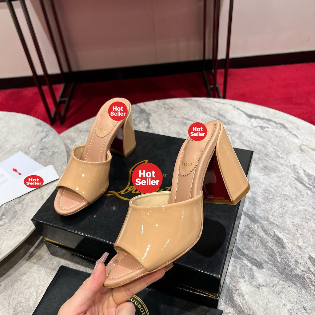 Apricot patent leather block-heel mules (8.5cm heel)