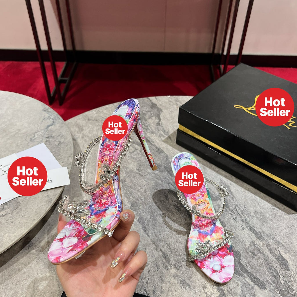 High-heeled mules with a distinctive print; 10cm heel.