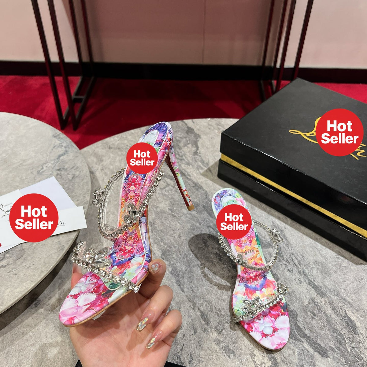 High-heeled mules with a distinctive print; 10cm heel.