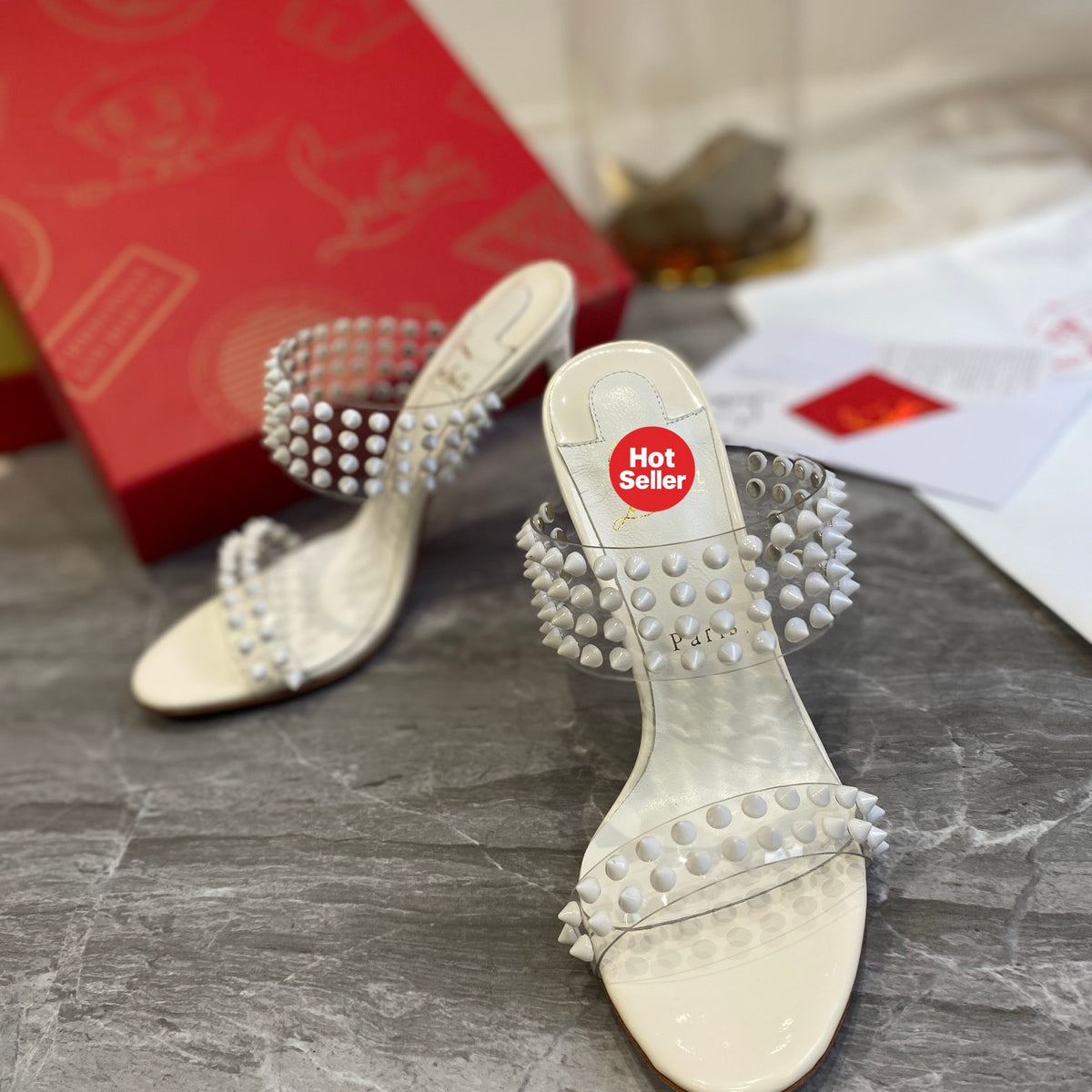 Studded PVC High-Heeled Mules (10cm Heel)