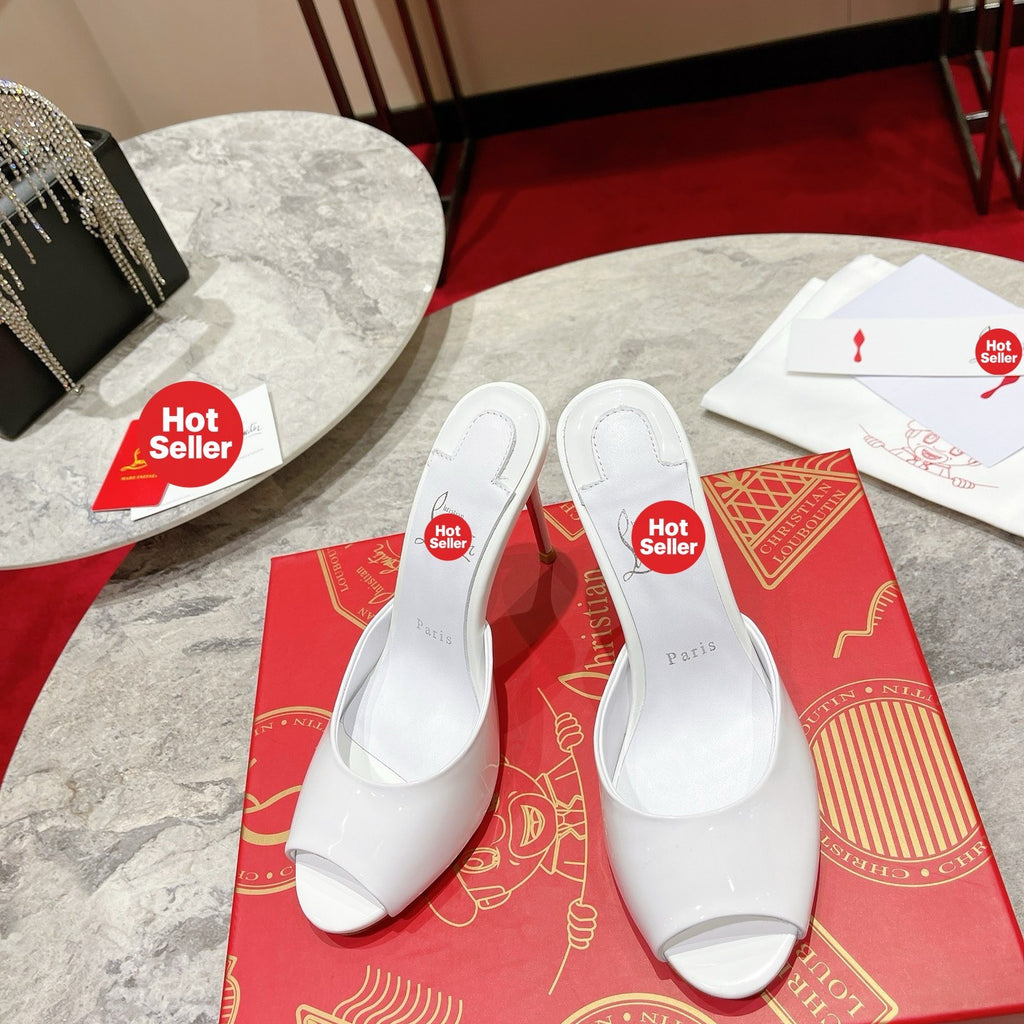 White patent leather peep-toe high-heeled mules, 10cm heel.