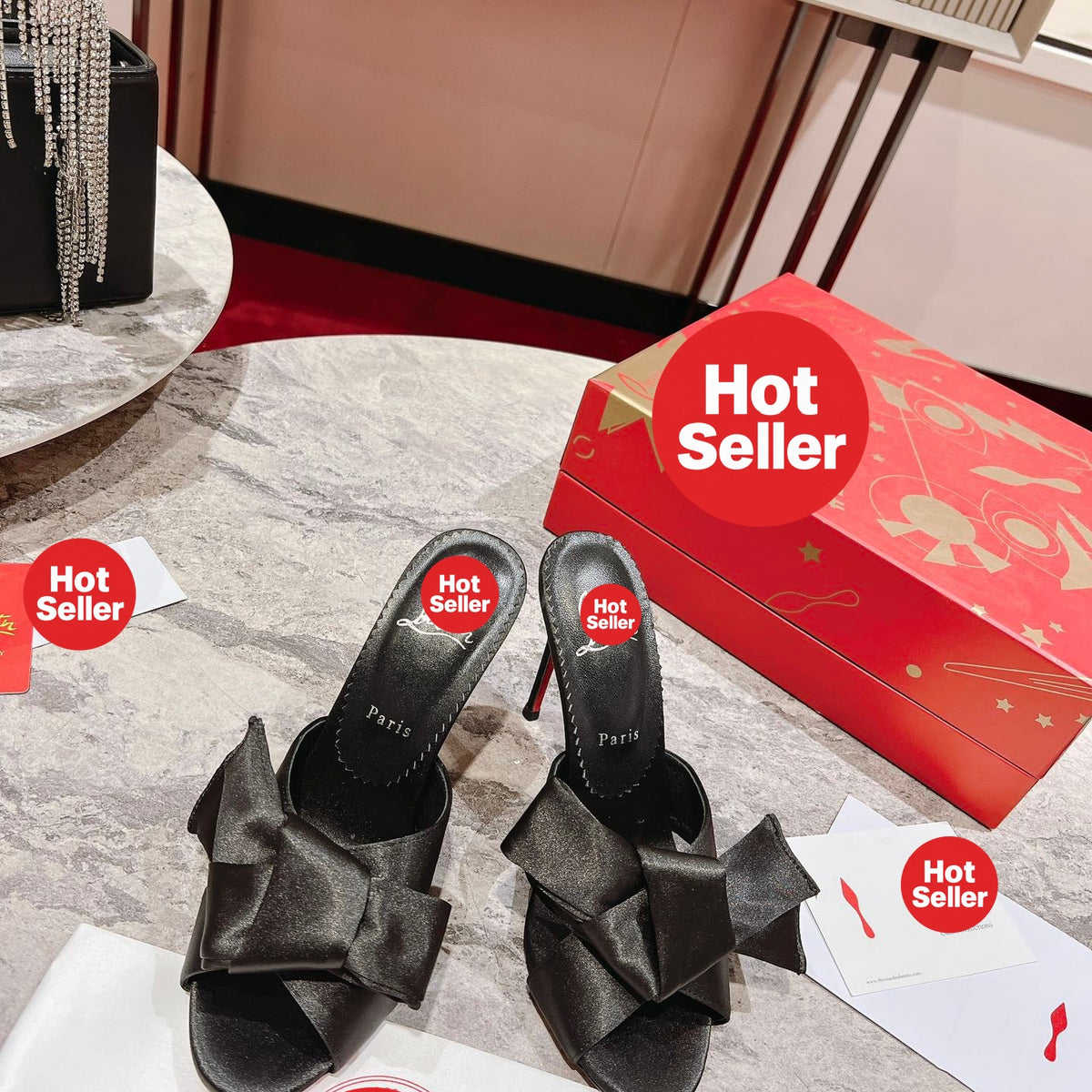 Black high-heeled mules with bow detail – 8.5cm heel