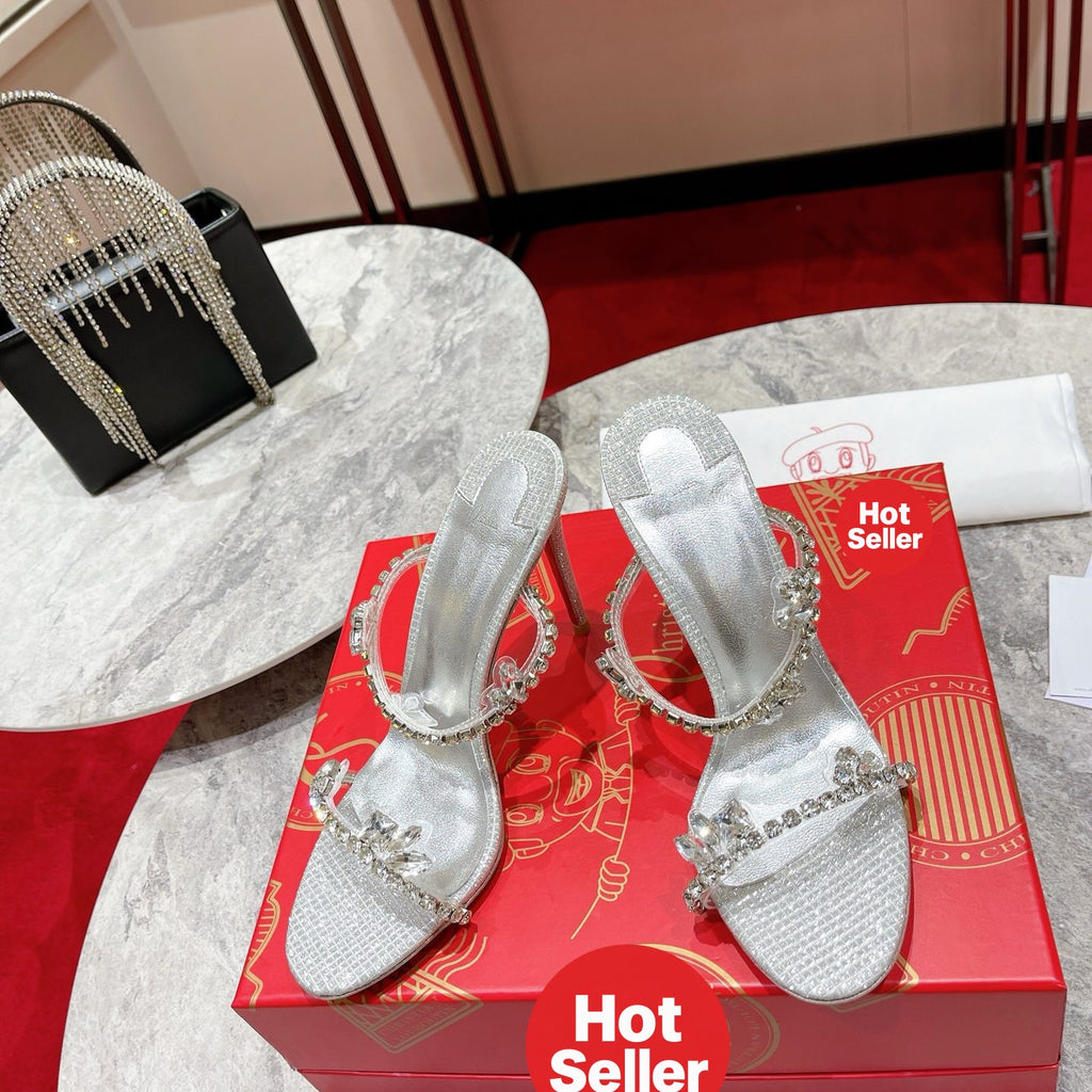 Crystal single-strap sandals, 10cm heel.