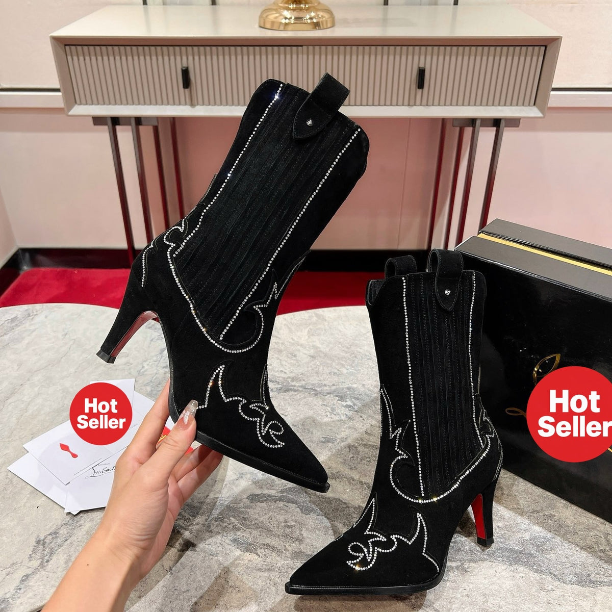 Black suede long boots, 8.5cm stiletto heels.