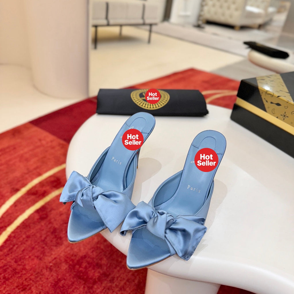 Blue silk taffeta bow-detail high-heeled mules