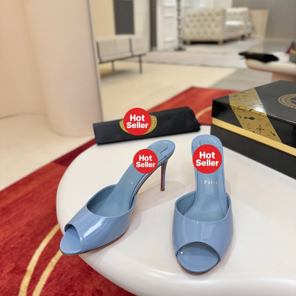 Light blue patent leather peep-toe high-heeled mules (10cm heel)