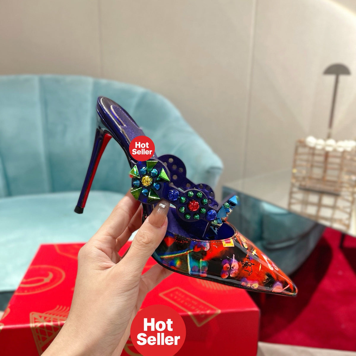 Colorful high-heeled mules, 10cm heel