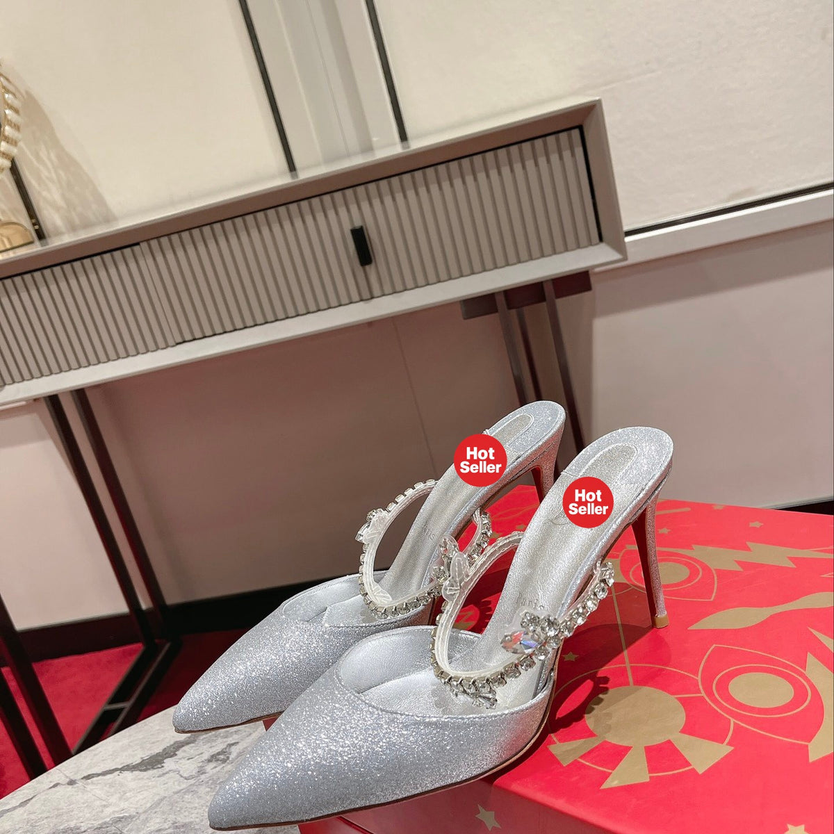 Silver chain high-heeled mules