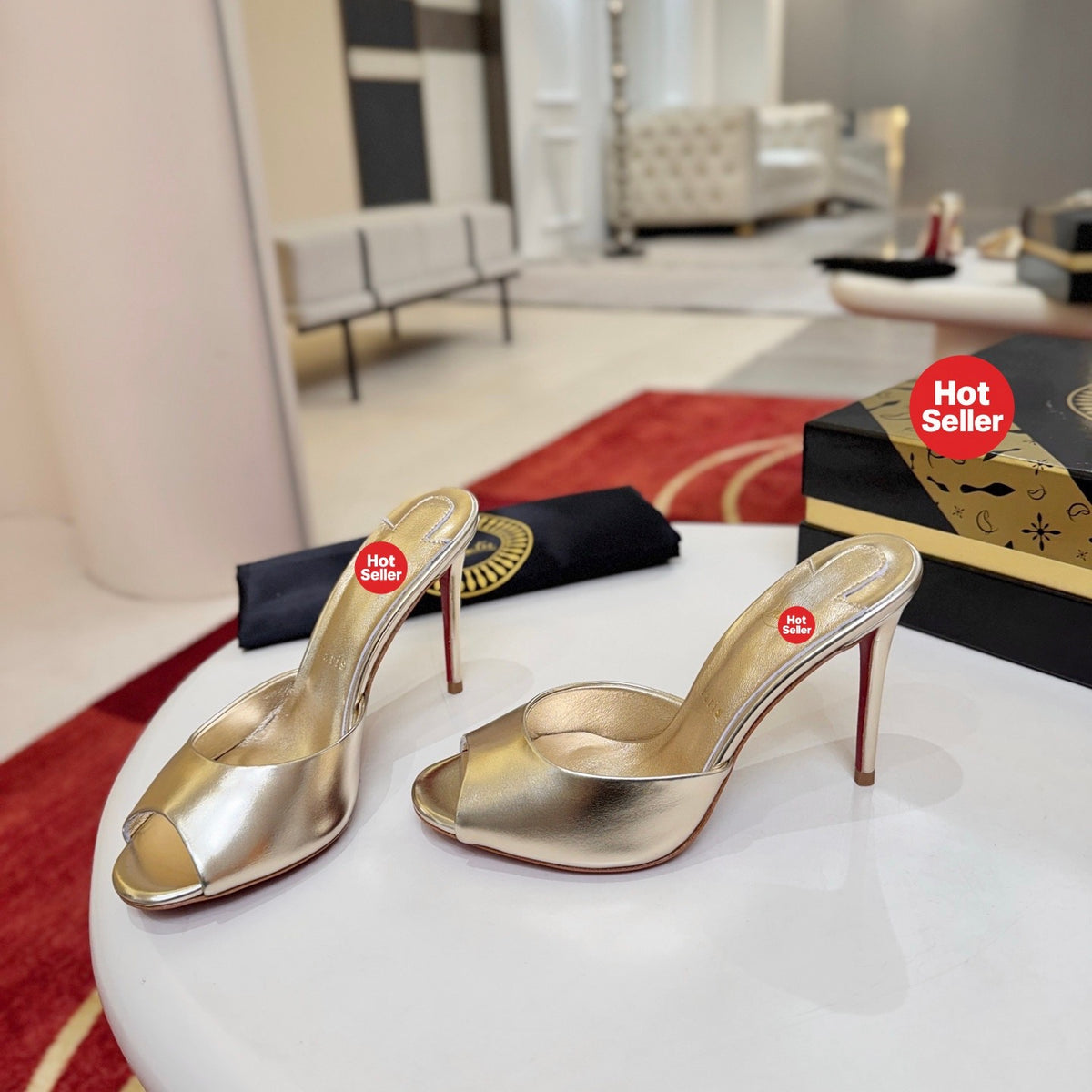 Peep-toe high-heeled mules, 10cm heel.