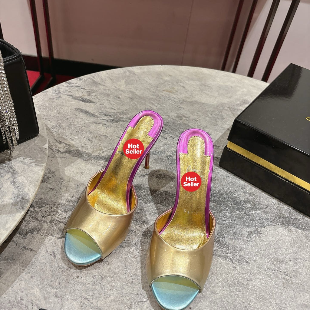 Peep-toe colorful high-heeled mules, 10cm heel.