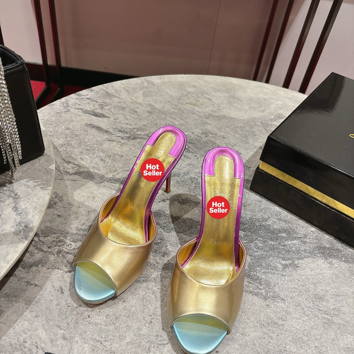 Peep-toe colorful high-heeled mules, 10cm heel.