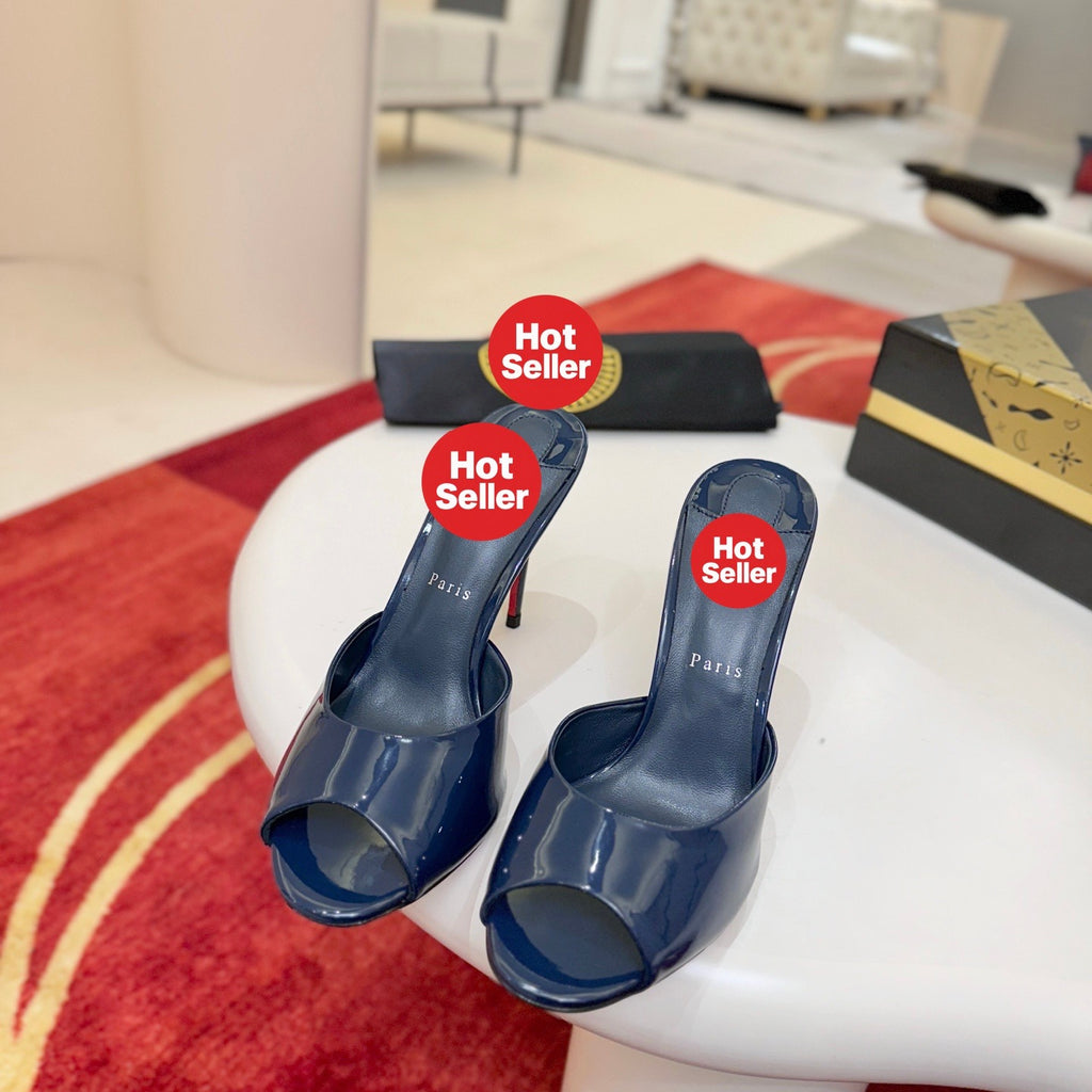 Deep blue patent leather peep-toe high-heeled mules, 10cm heel.