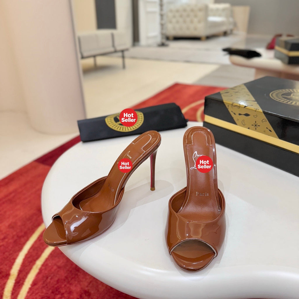 Brown patent leather peep-toe high-heeled mules, 10cm heel.