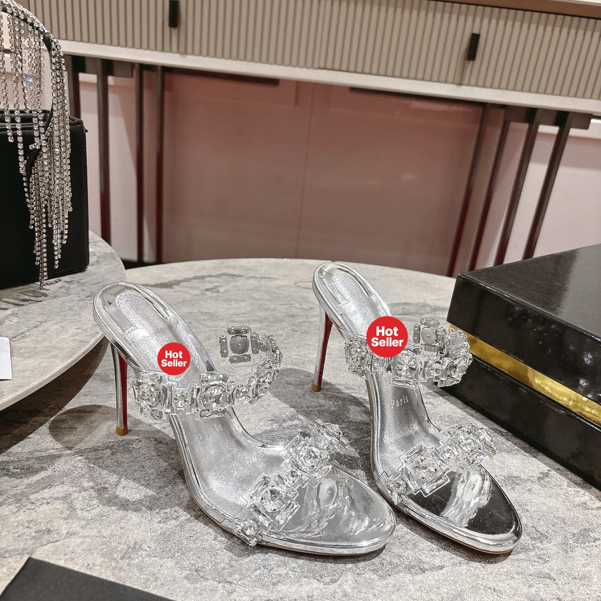 Rhinestone-embellished high-heeled mules, 10cm heel.
