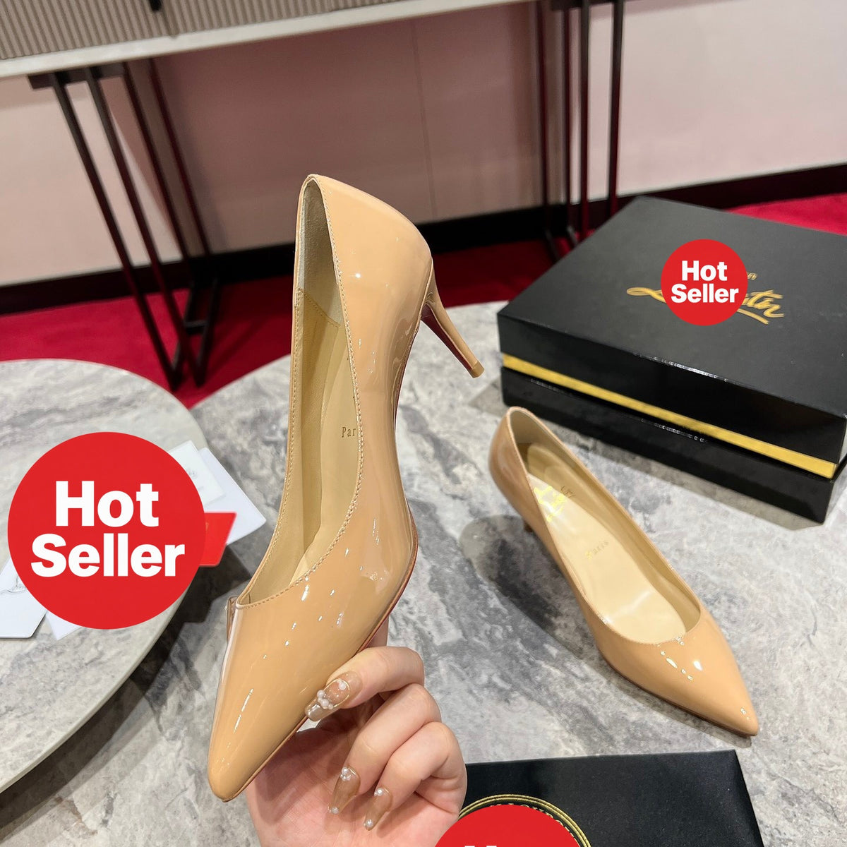 Apricot patent cowhide high heels, 6.5cm heel.