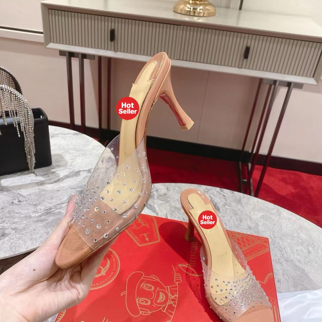 Clear-strap peep-toe high-heeled mules (8cm heel)