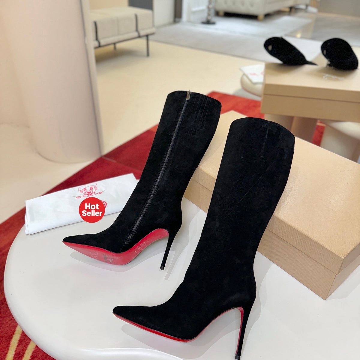 Stylish sheep suede tall boots, 10cm heel.