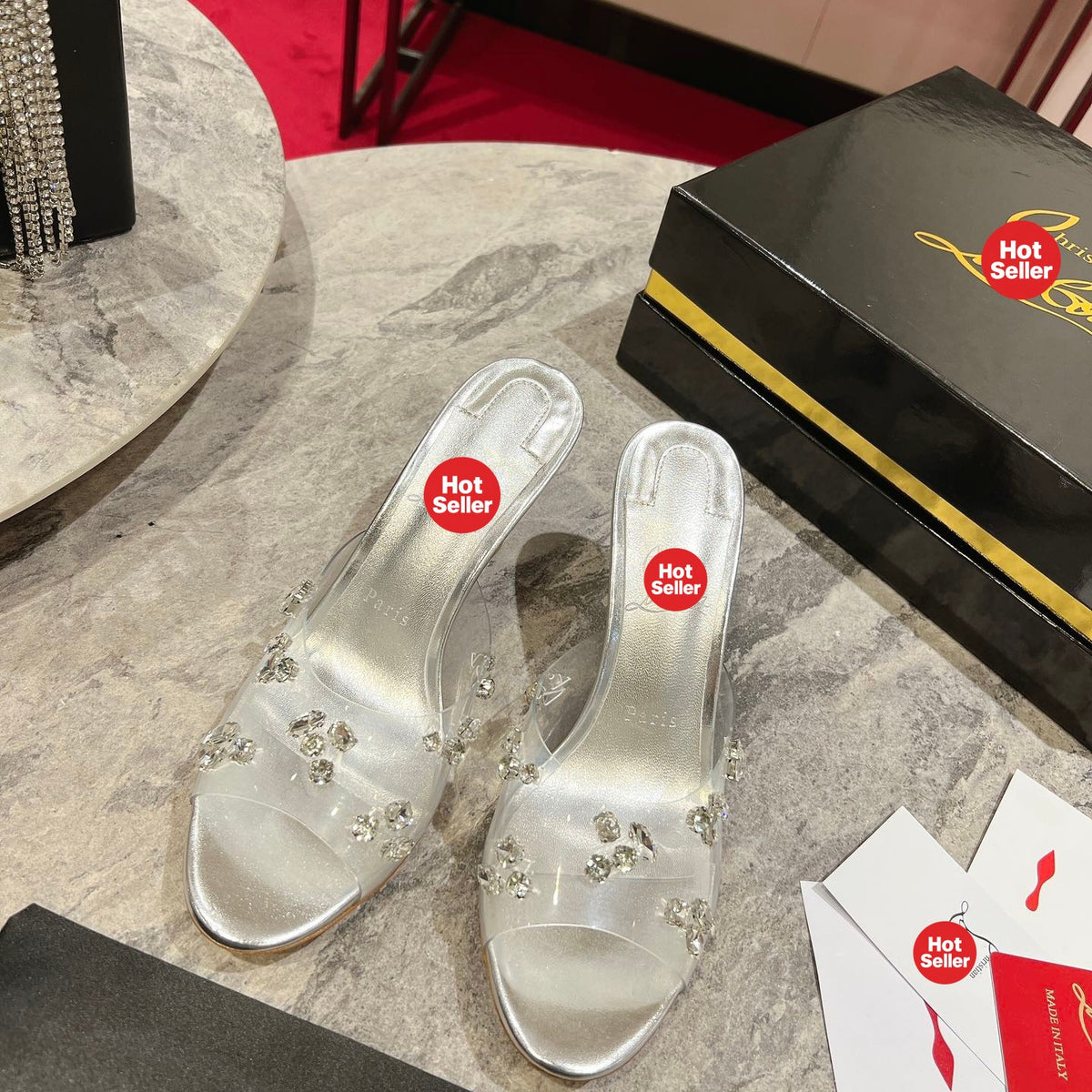 Crystal-embellished high-heeled slides (10cm heel)