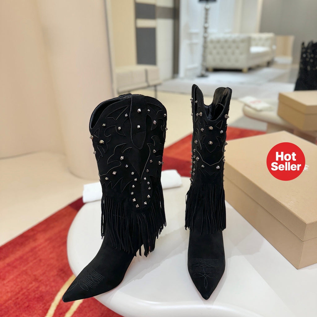 Classic black runway boots, 8.5cm heel.