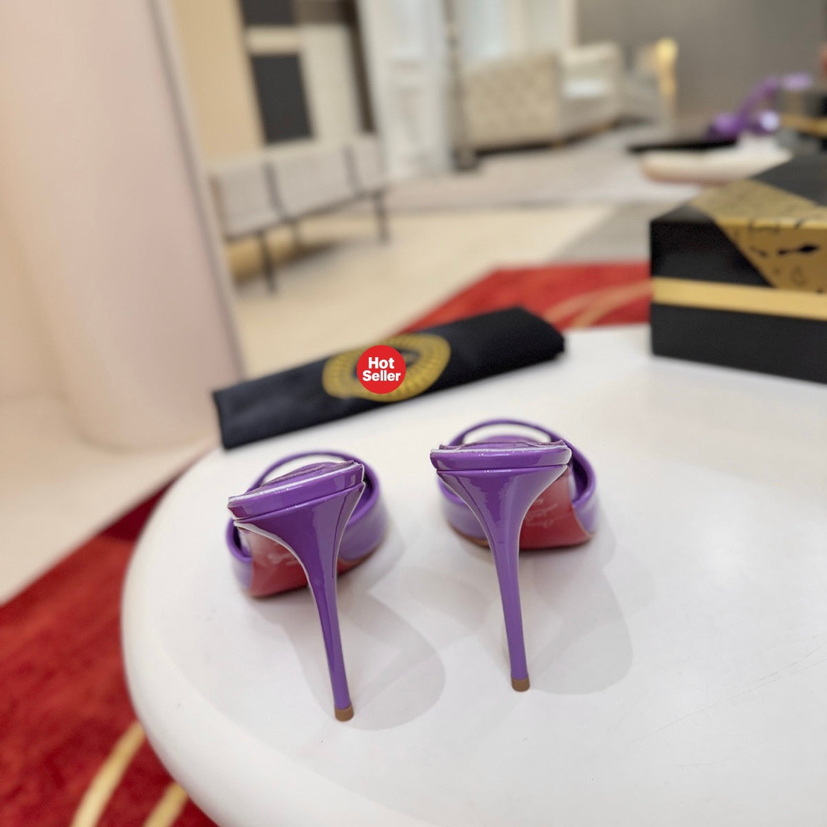 Purple high-heeled mules, 10cm heel.