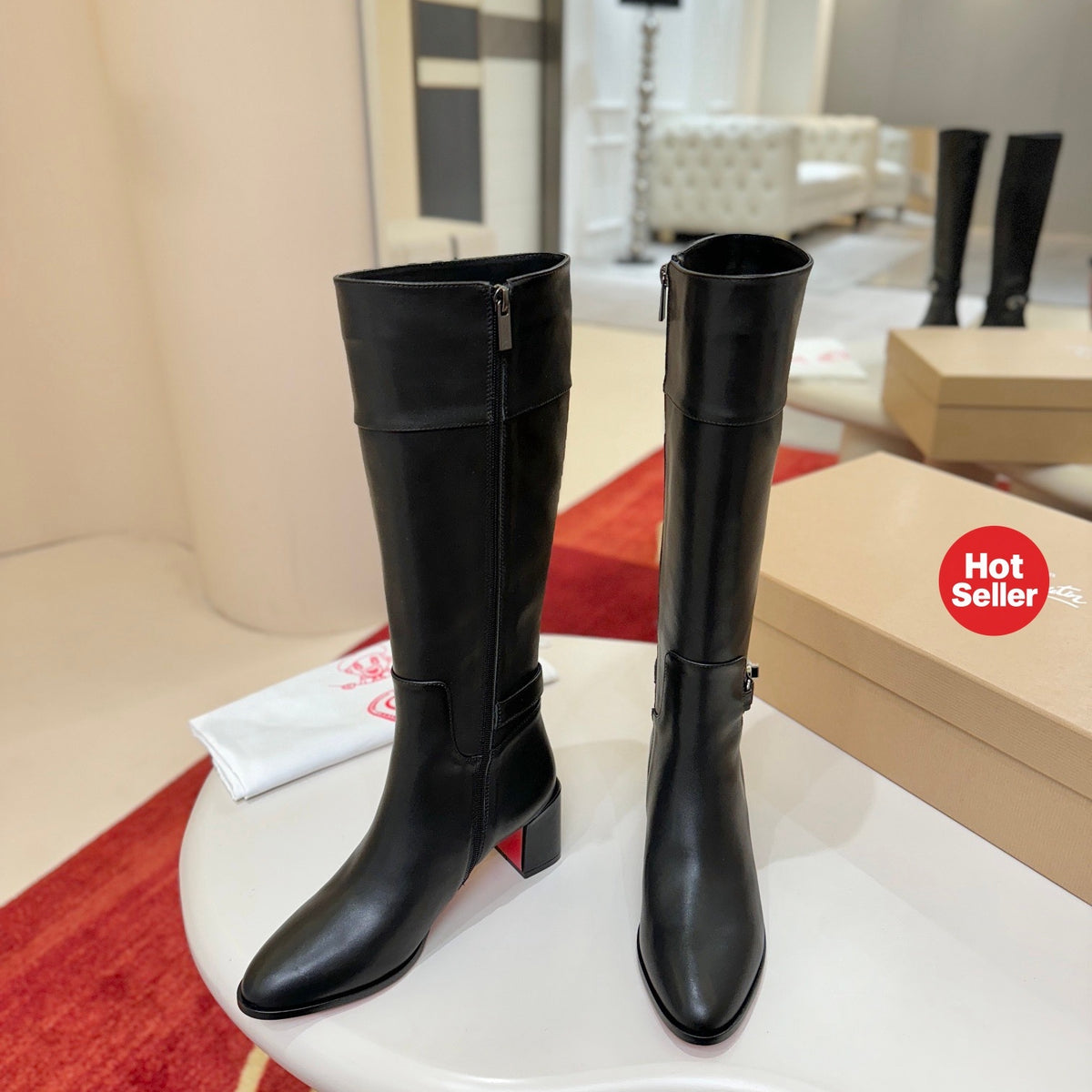 Distinctive premium black leather tall boots; 6.5cm heel.