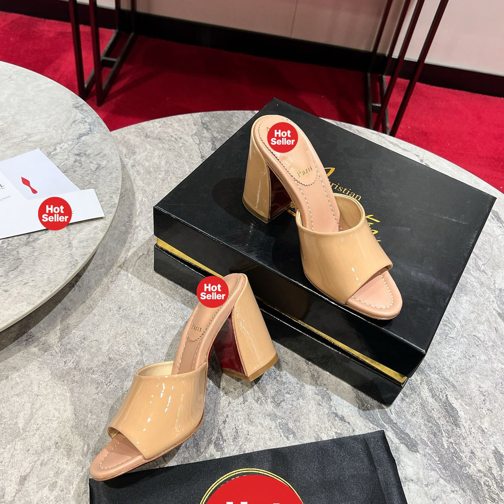 Apricot patent leather block-heel mules (8.5cm heel)