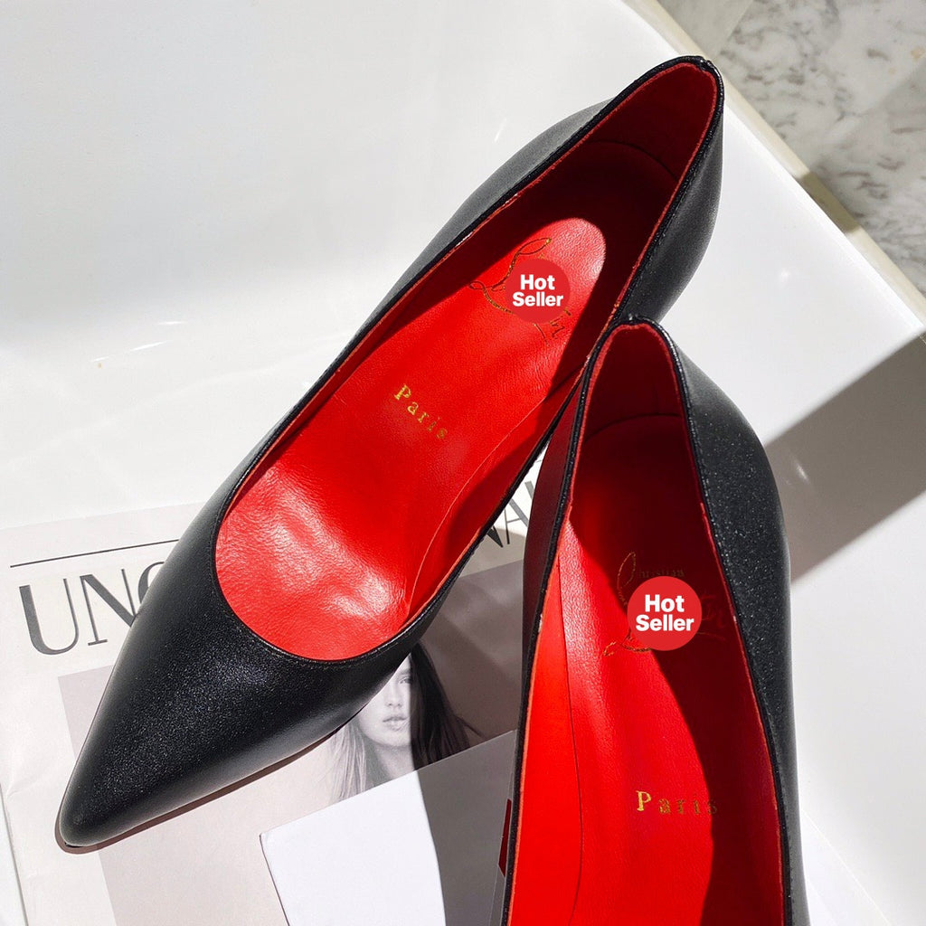 Black leather high heels, 12cm heel.