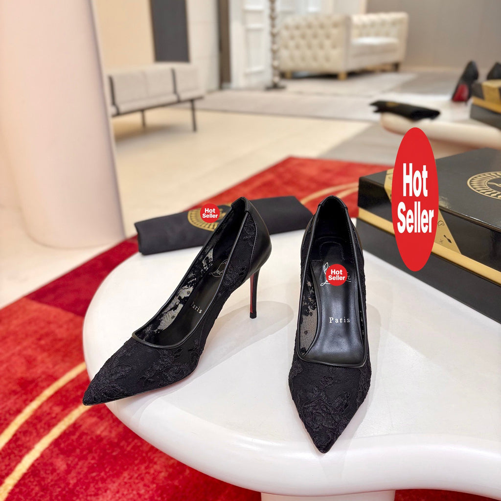 Black lace high heels, 8.5cm heel.