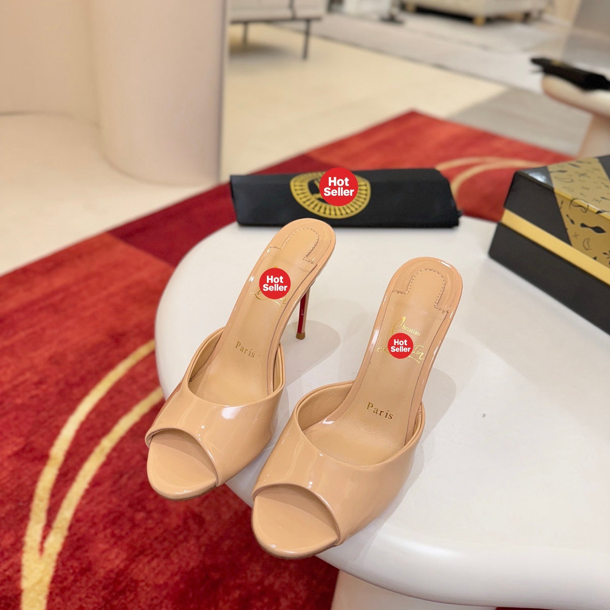 Beige patent leather peep-toe high-heeled mules, 10cm heel.