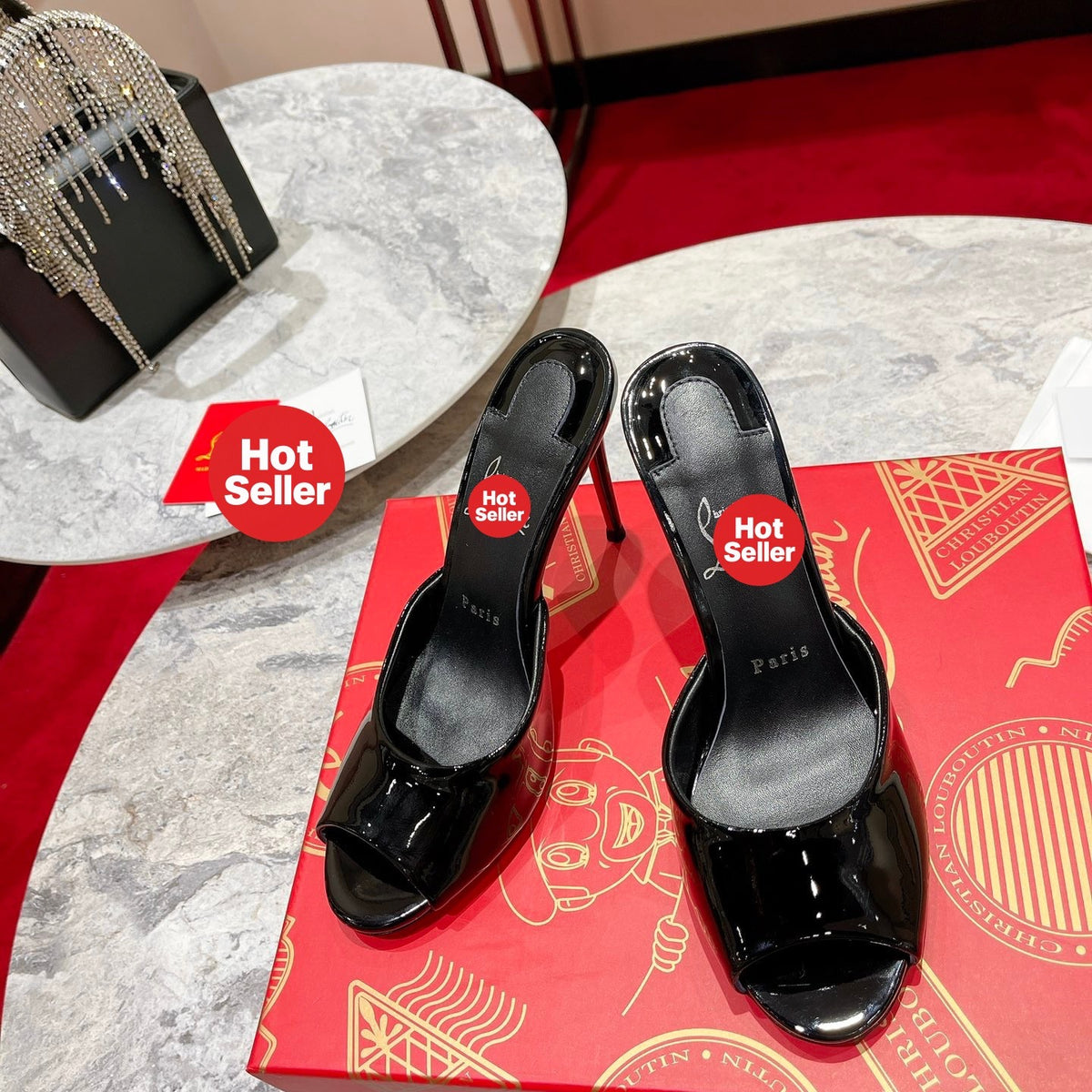 Black patent leather peep-toe high-heeled mules, 10cm heel.