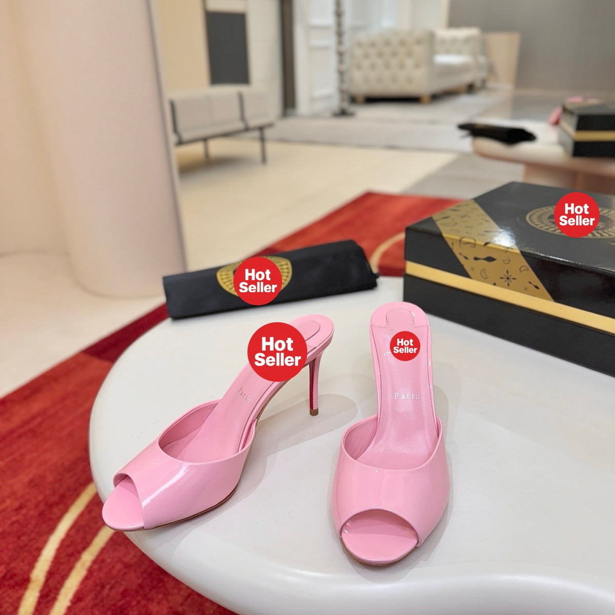 Pink patent leather peep-toe high-heeled mules, 10cm heel.