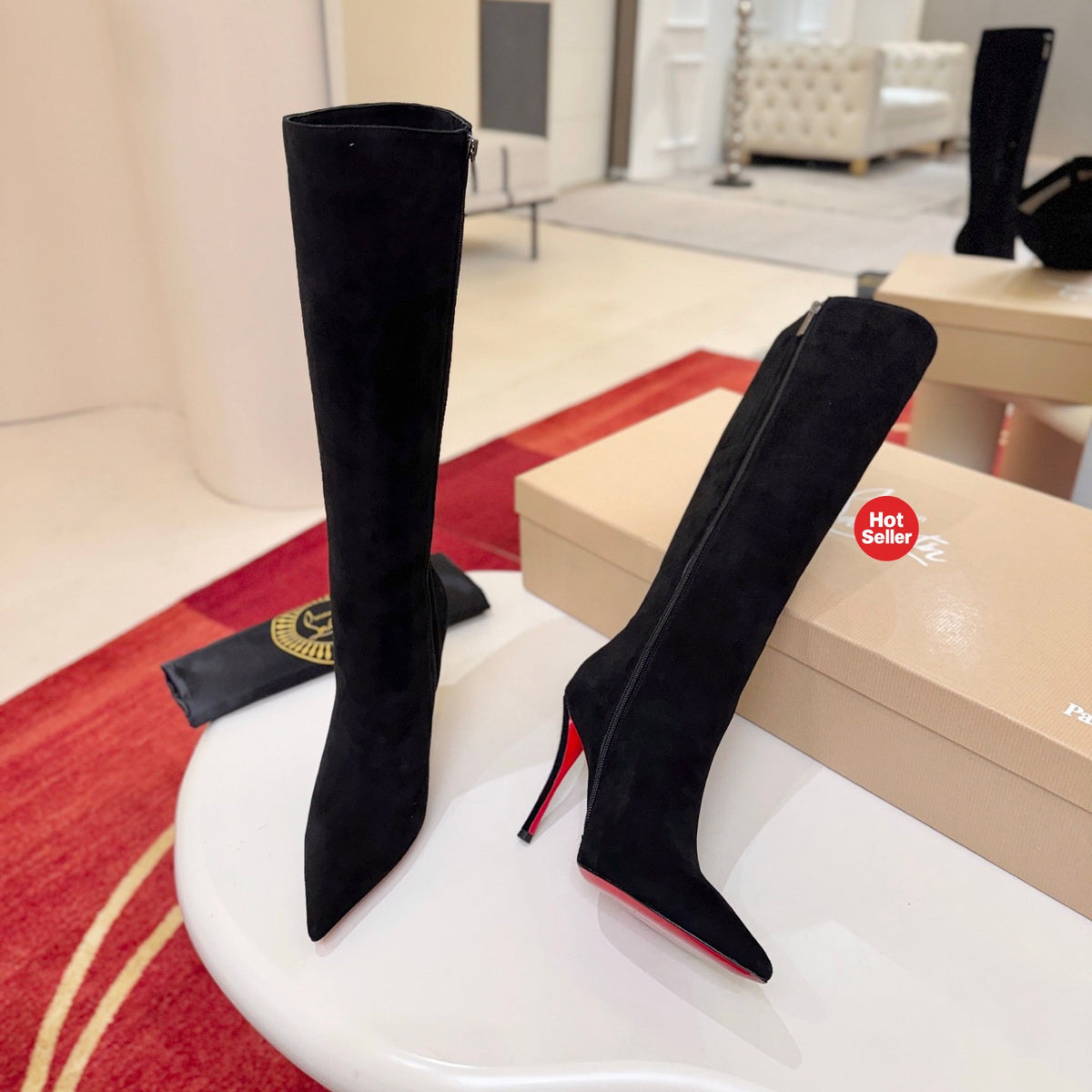 Black calf-hair high-heeled tall boots, 10cm heel.