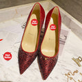 Bright red fully rhinestone-encrusted high heels, 10cm heel.