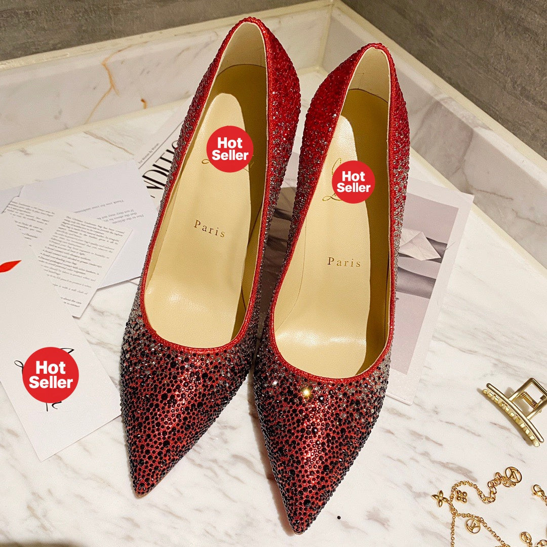 Bright red fully rhinestone-encrusted high heels, 10cm heel.