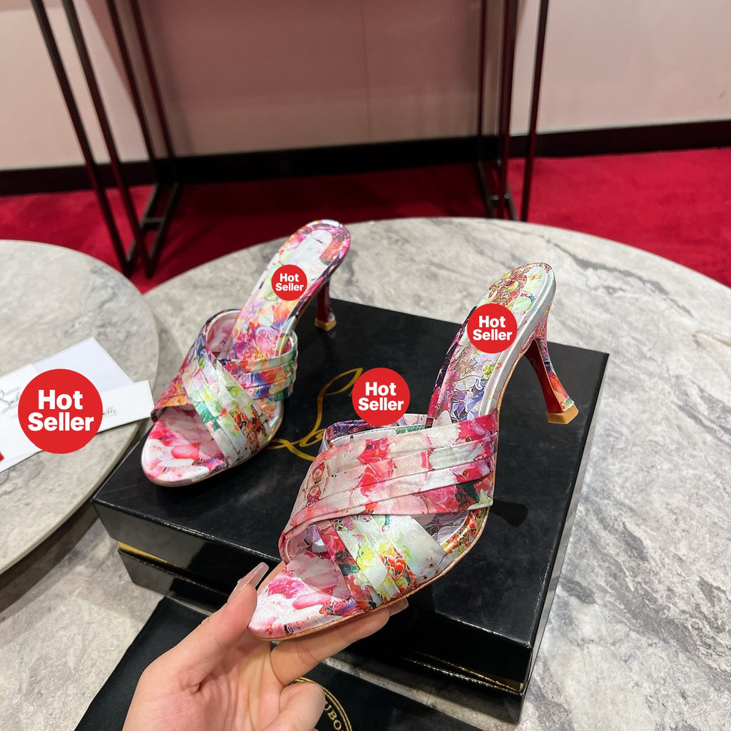 Printed high-heeled mules, 8.5cm heel.