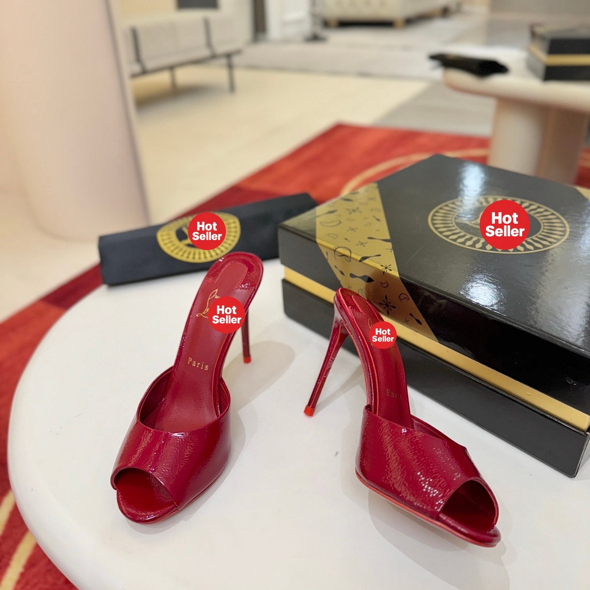 Red patent leather peep-toe high-heeled mules (10cm heel)