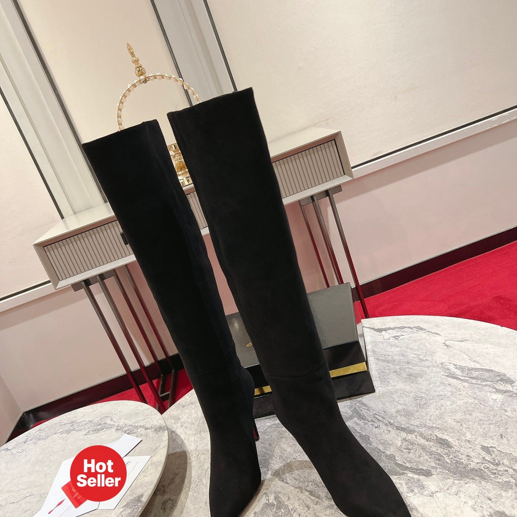 Black suede long boots, 10cm heel.