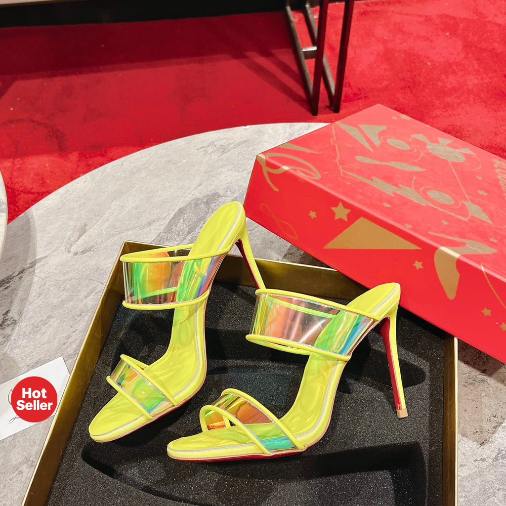 Yellow high-heeled mules, 10cm heel.