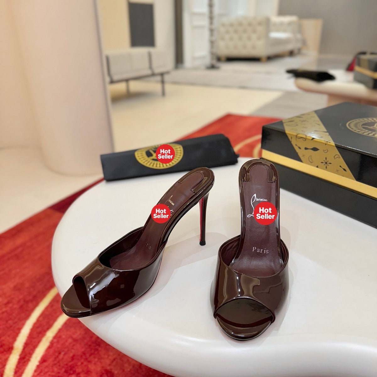 Dark-colored patent leather peep-toe high-heeled mules (10cm heel)