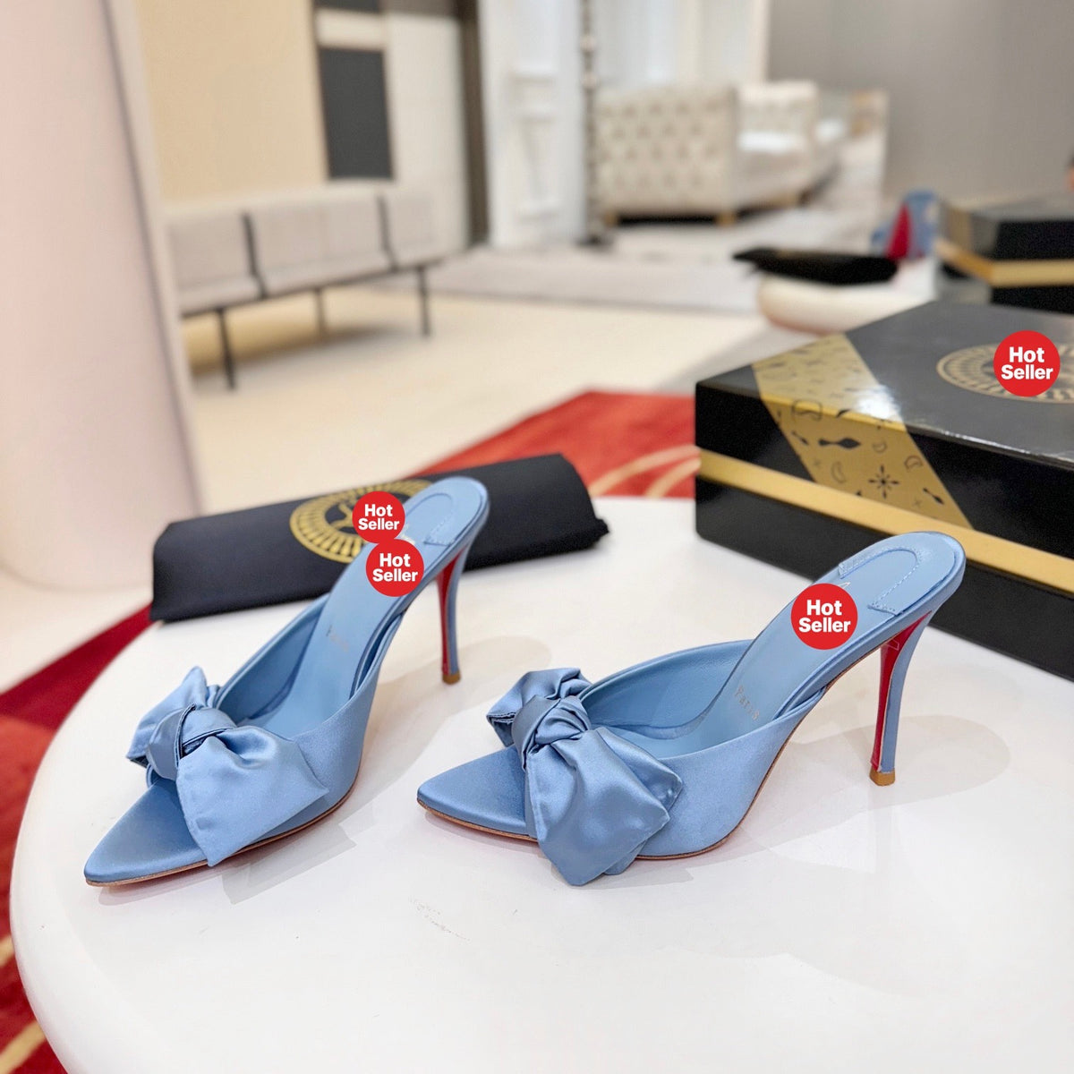 Blue silk taffeta bow-detail high-heeled mules