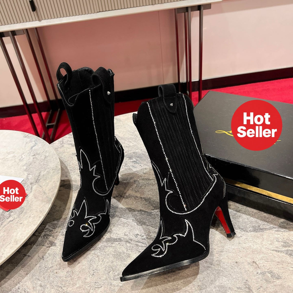 Black suede long boots, 8.5cm stiletto heels.